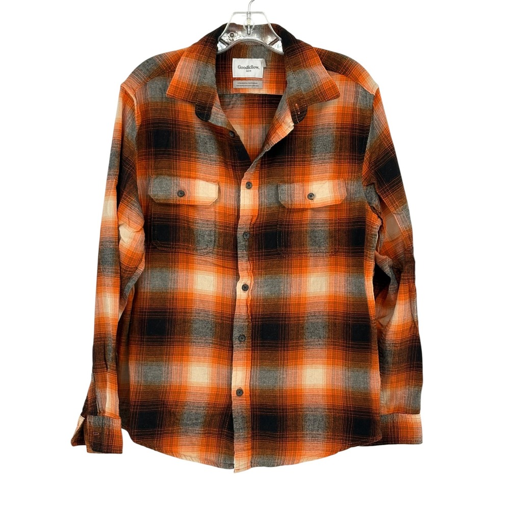 Goodfellow & Co Flannel‎ Shirt Orange Black Plaid 100% Cotton Medium